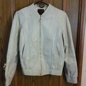 Unisex cream lined zip up leather jacket size 40